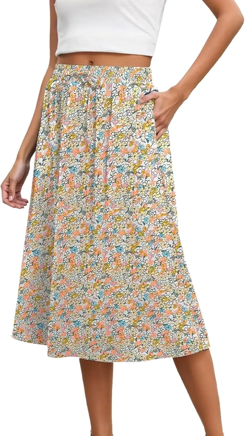 Skirts for Women Midi Length Floral Print High Waist Drawstring Flowy Summer Skirt 2025 A-Line Long Skirt with Pockets
