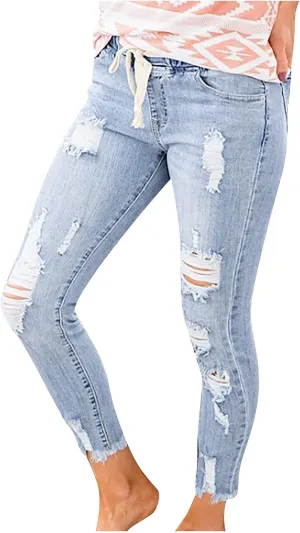 SMIDOW Women Drawstring Elastic Waist Ripped Jeans Folded Hem Distressed Jeans Tapered Jeans Bootcut Stretch Denim Pants