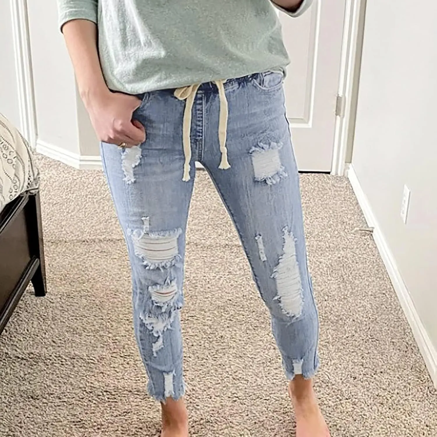 SMIDOW Women Drawstring Elastic Waist Ripped Jeans Folded Hem Distressed Jeans Tapered Jeans Bootcut Stretch Denim Pants