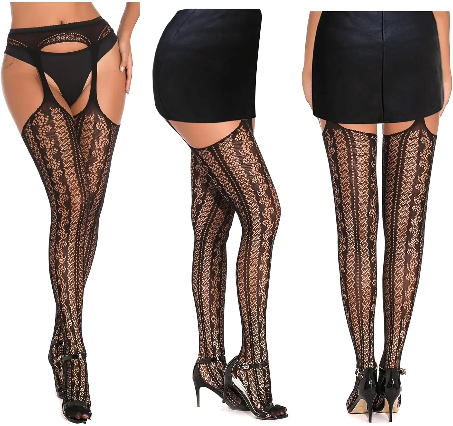 SOUTHRO 5 Pairs Fishnet Thigh High Garter Stockings Patterned Tights for Women,Garter Belt Set & Suspender Pantyhose for Girl
