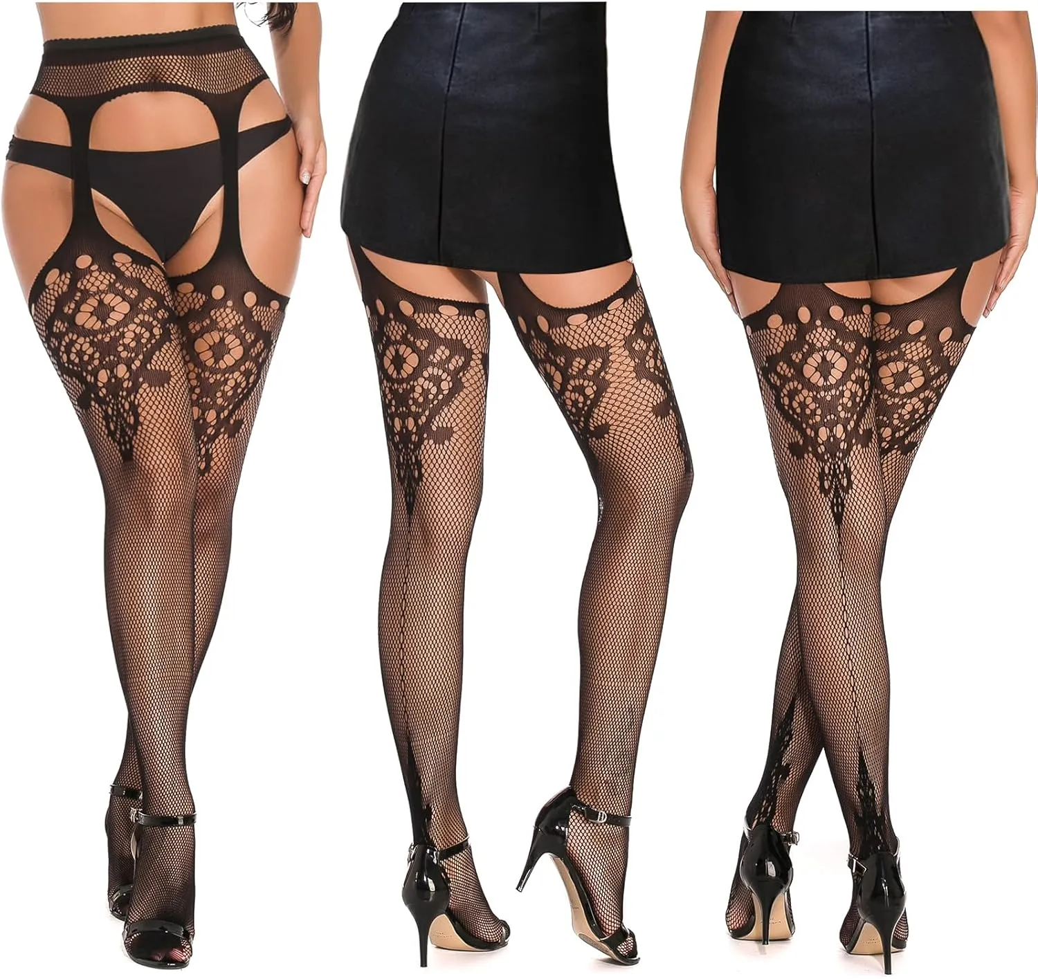 SOUTHRO 5 Pairs Fishnet Thigh High Garter Stockings Patterned Tights for Women,Garter Belt Set & Suspender Pantyhose for Girl