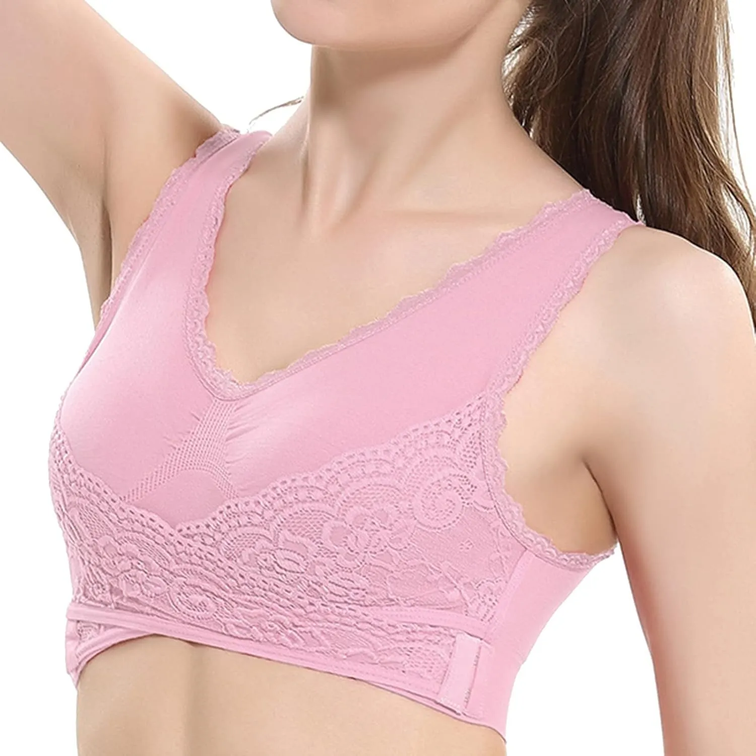 Sports Bras for Women Front Criss Cross Bras Side Buckle Lace Sports Bras Wireless Push Up Seamless Bra with Removable Pad