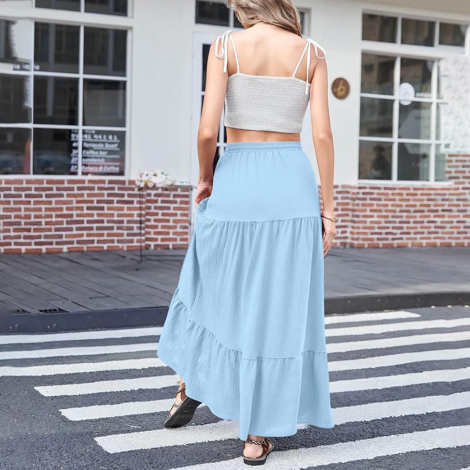 Spring Maxi Skirts for Women Trendy High Waisted Side Slit Pleated Skirt Casual Stretch Flowy Swing A Line Long Skirt