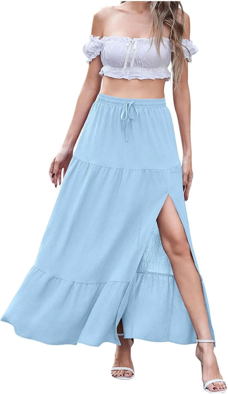 Spring Maxi Skirts for Women Trendy High Waisted Side Slit Pleated Skirt Casual Stretch Flowy Swing A Line Long Skirt