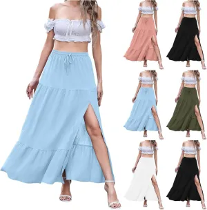 Spring Maxi Skirts for Women Trendy High Waisted Side Slit Pleated Skirt Casual Stretch Flowy Swing A Line Long Skirt