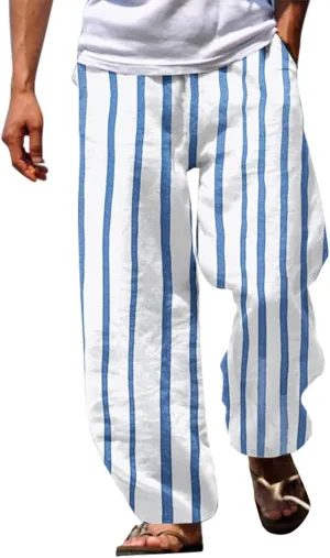 Striped Linen Pants Men Straight Legs Elastic Waist Drawstring Long Pants Lightweight Breathable Yoga Beach Trousers