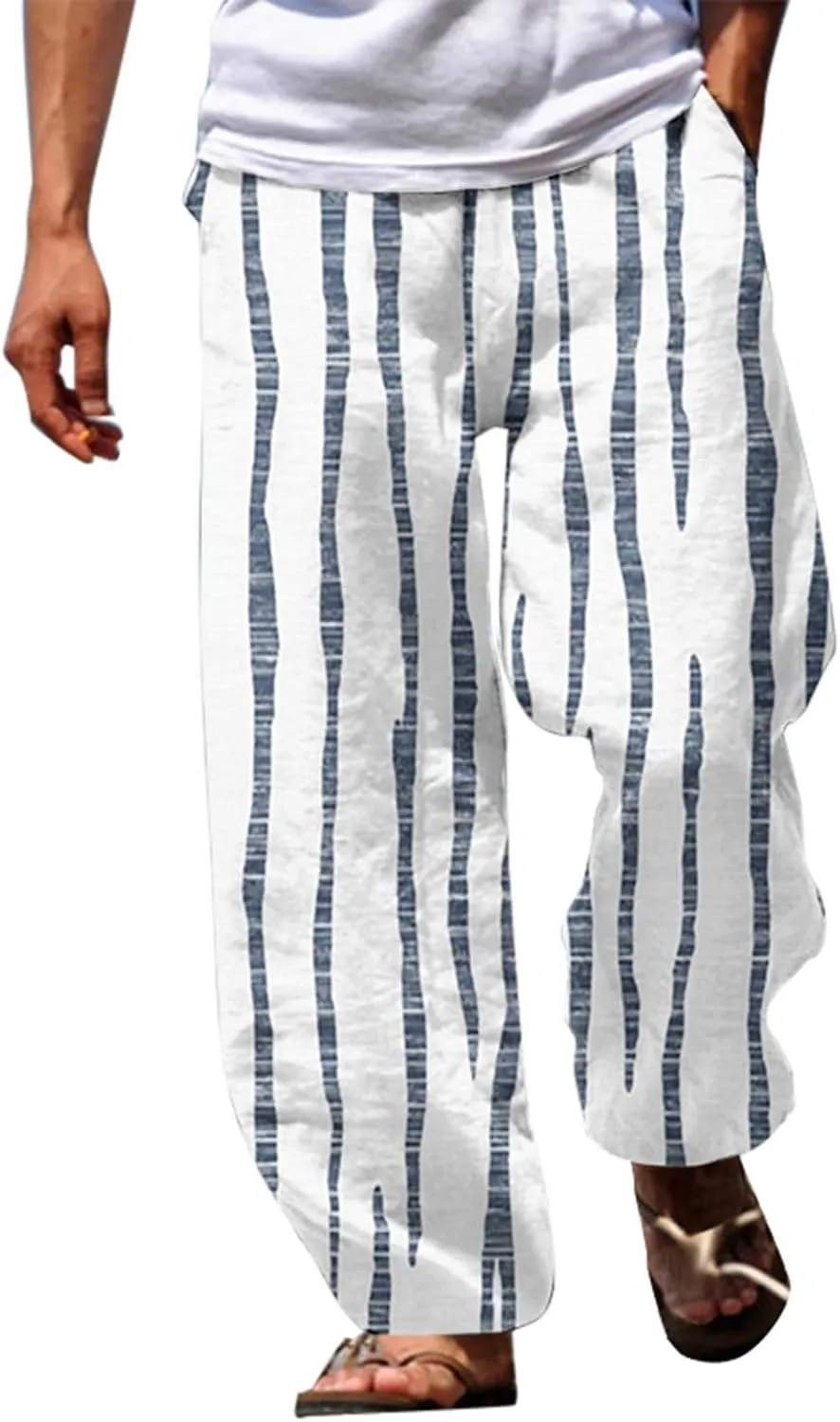 Striped Linen Pants Men Straight Legs Elastic Waist Drawstring Long Pants Lightweight Breathable Yoga Beach Trousers