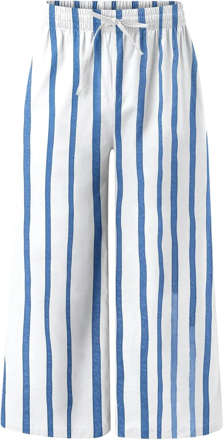 Striped Linen Pants Men Straight Legs Elastic Waist Drawstring Long Pants Lightweight Breathable Yoga Beach Trousers