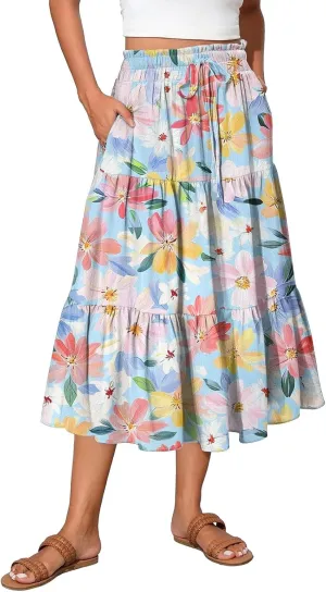 Stylish Summer Party Skirt Women Full Hems Comfy Baggy Floral Expandable Waist Skirts