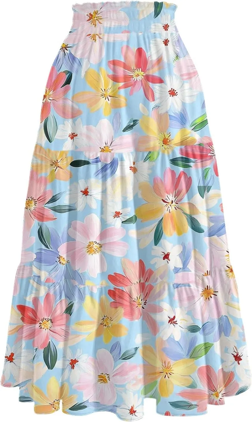 Stylish Summer Party Skirt Women Full Hems Comfy Baggy Floral Expandable Waist Skirts