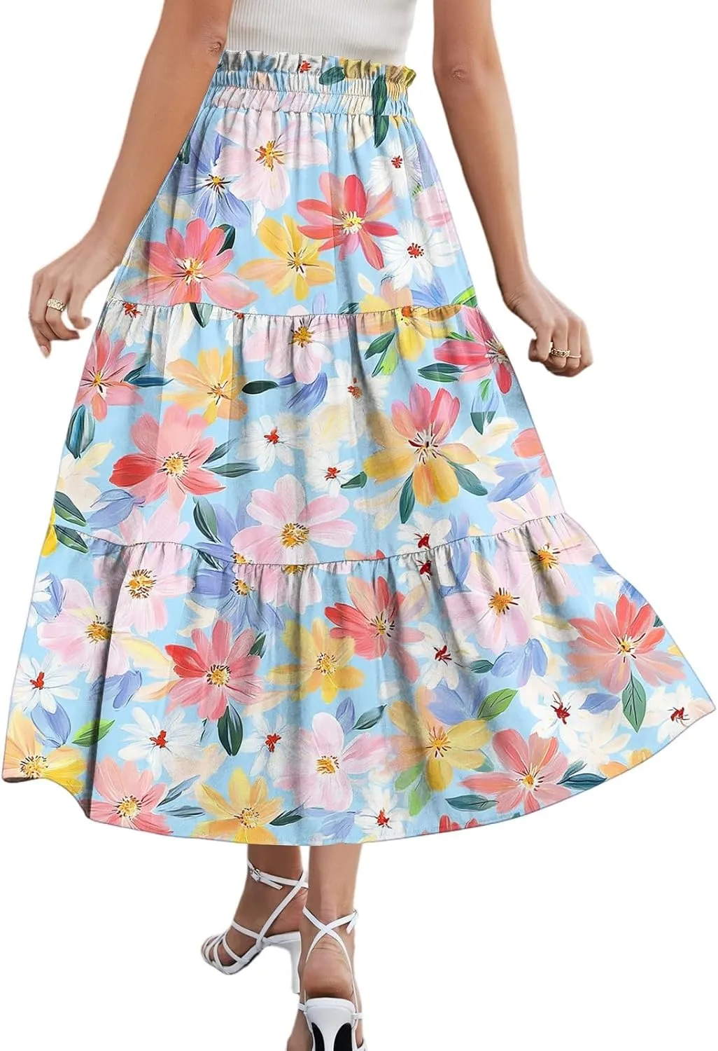 Stylish Summer Party Skirt Women Full Hems Comfy Baggy Floral Expandable Waist Skirts