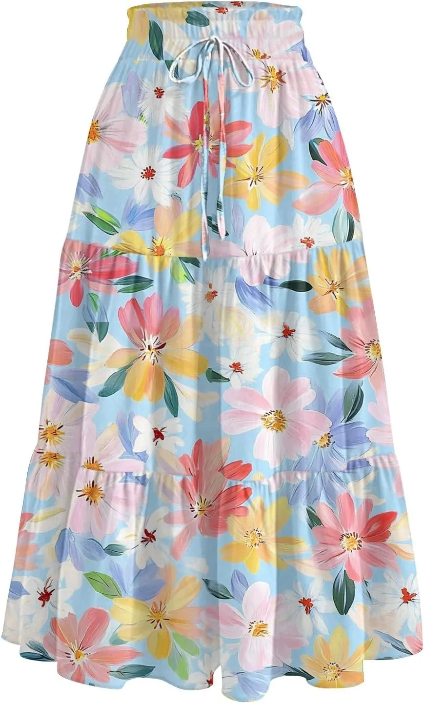 Stylish Summer Party Skirt Women Full Hems Comfy Baggy Floral Expandable Waist Skirts