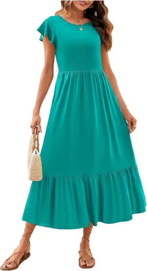 Summer Casual Dress for Women Crew Neck Short Sleeve Dress Smocked Flowy Tiered Midi Dress A-Line Boho Sun Dresses