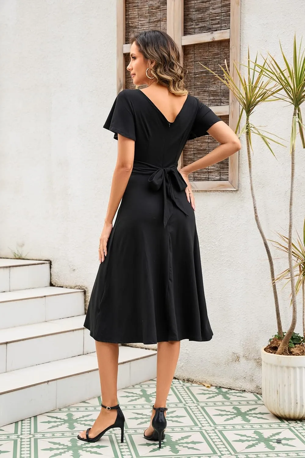Summer Cocktail Dresses Semi Formal Work Tea Party Ruffled Sleeve Wrap V Neck A Line Swing Midi Dress with Belt