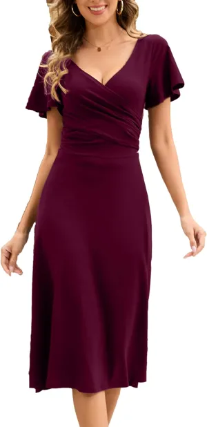 Summer Cocktail Dresses Semi Formal Work Tea Party Ruffled Sleeve Wrap V Neck A Line Swing Midi Dress with Belt