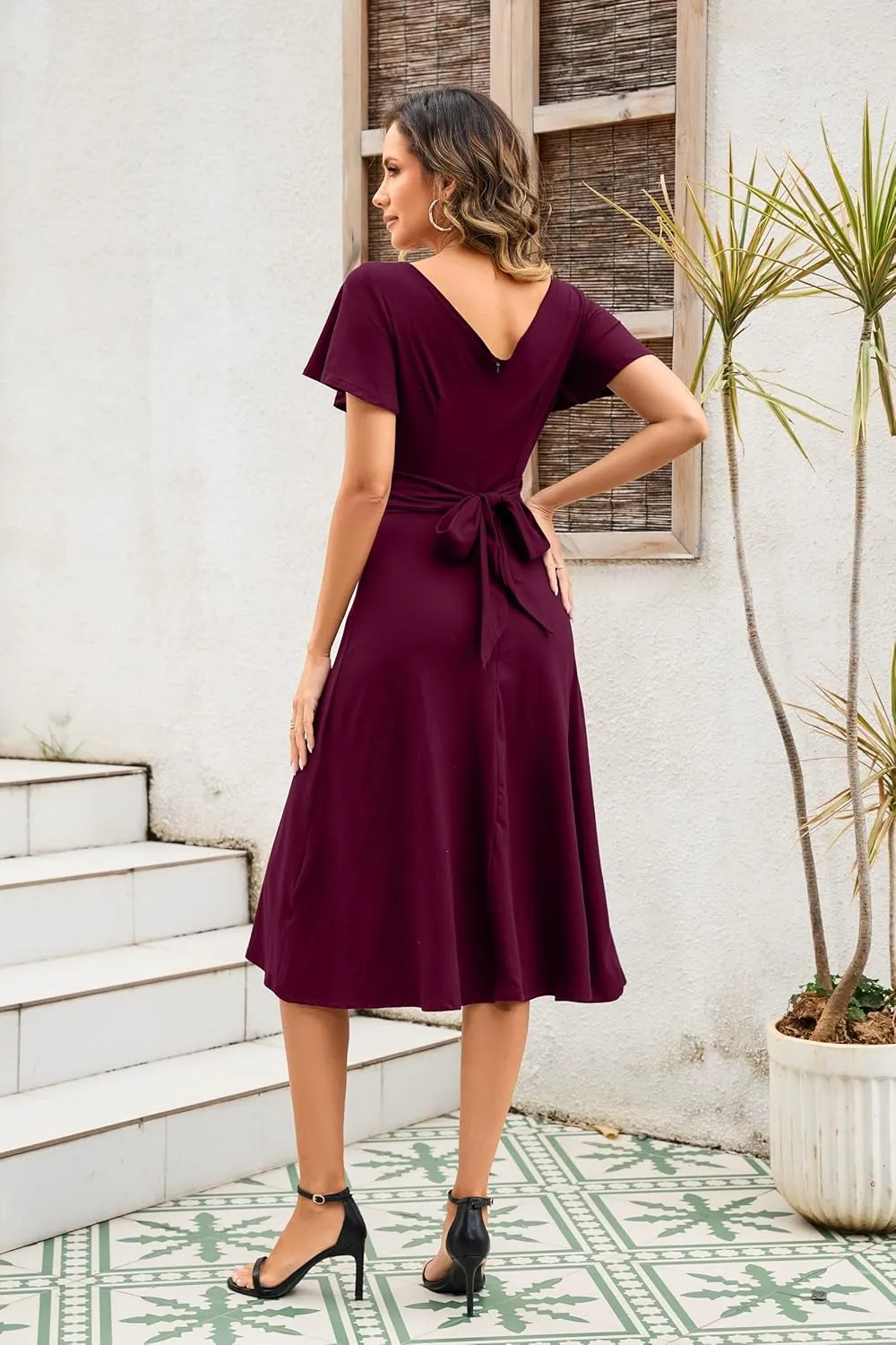 Summer Cocktail Dresses Semi Formal Work Tea Party Ruffled Sleeve Wrap V Neck A Line Swing Midi Dress with Belt