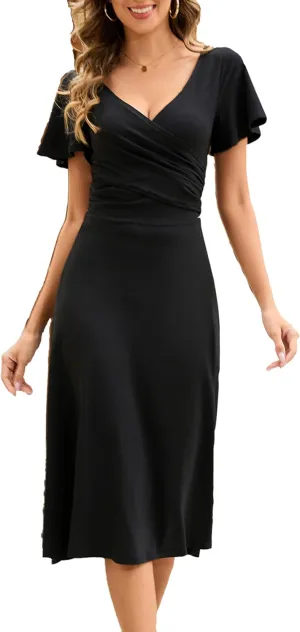 Summer Cocktail Dresses Semi Formal Work Tea Party Ruffled Sleeve Wrap V Neck A Line Swing Midi Dress with Belt