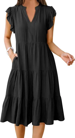 Summer Dress for Women Ruffle Sleeve V Neck Midi Dresses Trendy Casual Fit Flowy Tiered Boho Beach Vacation Sundress