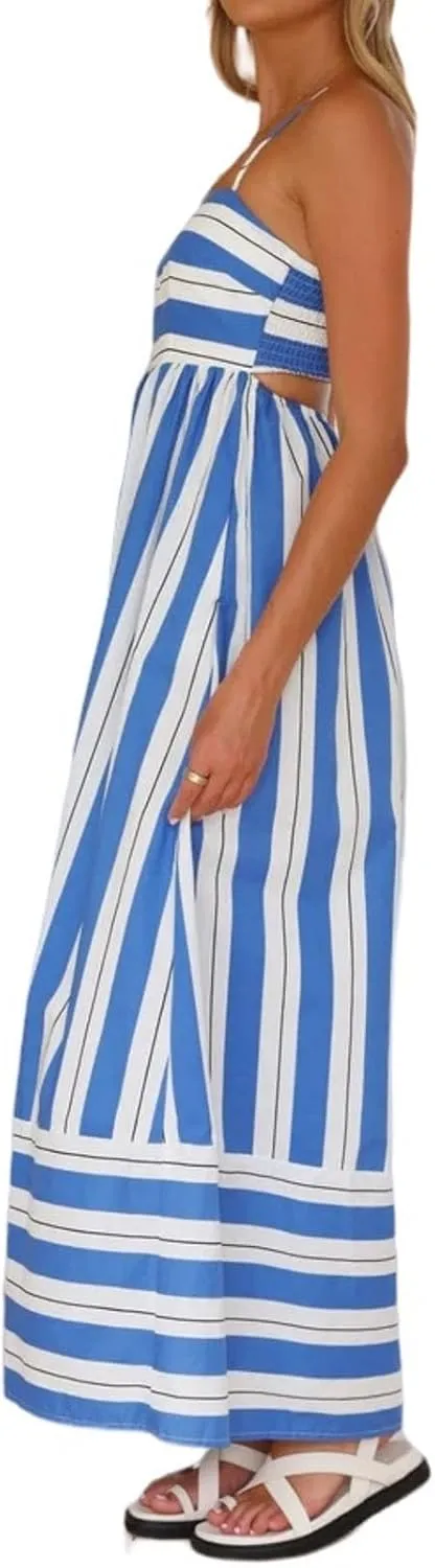 Summer Dress for Women Striped Sleeveless Spaghetti Strap A Line Maxi Dress Ruffle Waist Flowy Swing Sundress 2025