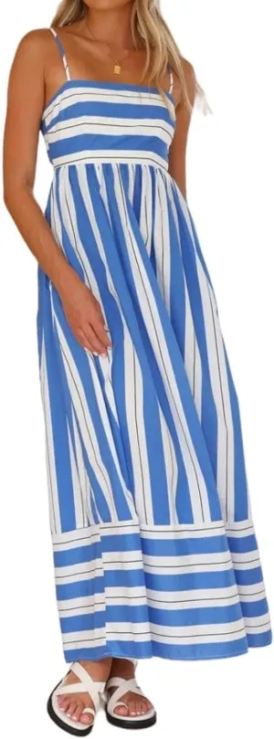 Summer Dress for Women Striped Sleeveless Spaghetti Strap A Line Maxi Dress Ruffle Waist Flowy Swing Sundress 2025