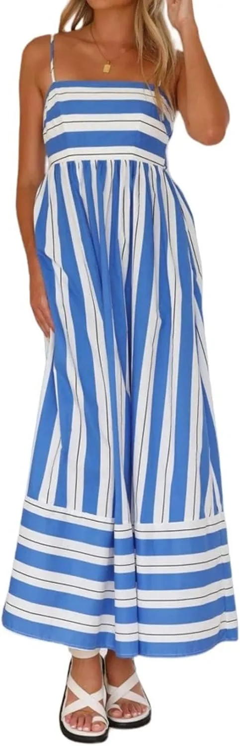 Summer Dress for Women Striped Sleeveless Spaghetti Strap A Line Maxi Dress Ruffle Waist Flowy Swing Sundress 2025