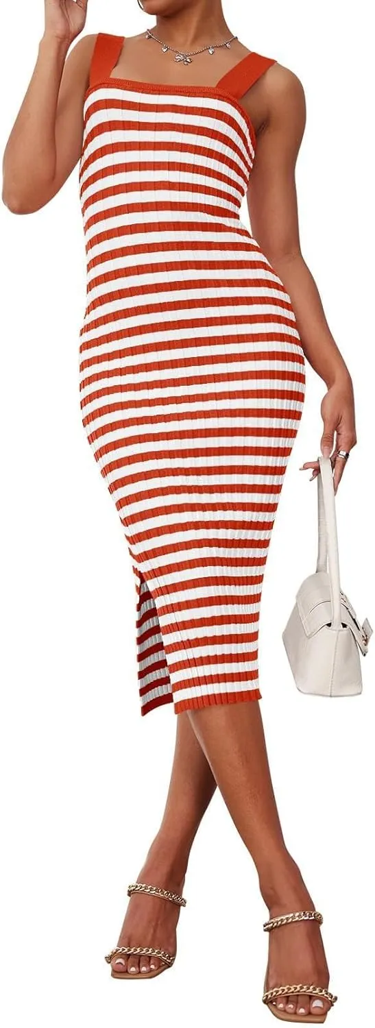 Summer Dresses for Women 2025 Bodycon Midi Dress Sleeveless Slim Fit Dresses Fashion Striped Party Club Dress