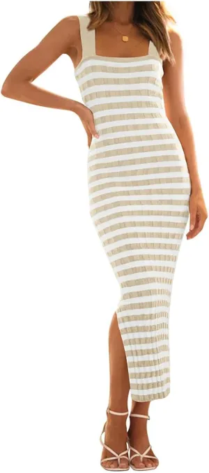Summer Dresses for Women 2025 Bodycon Midi Dress Sleeveless Slim Fit Dresses Fashion Striped Party Club Dress