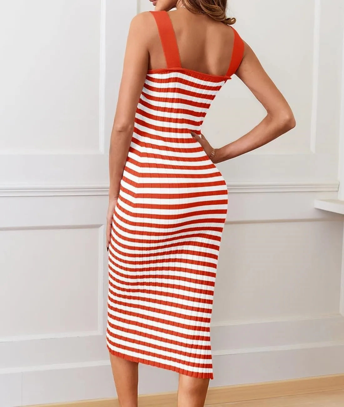 Summer Dresses for Women 2025 Bodycon Midi Dress Sleeveless Slim Fit Dresses Fashion Striped Party Club Dress
