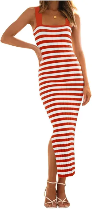 Summer Dresses for Women 2025 Bodycon Midi Dress Sleeveless Slim Fit Dresses Fashion Striped Party Club Dress