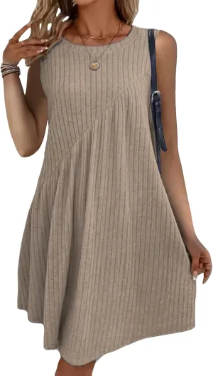 Summer Dresses for Women 2025 Boho Textured Crewneck Sleeveless Dresses Loose Fit Solid Color Casual Sundress