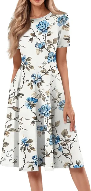 Summer Dresses for Women 2025 Empire Waist Crewneck Short Sleeve Midi Sun Dress Vacation A Line Dress Side Pockets