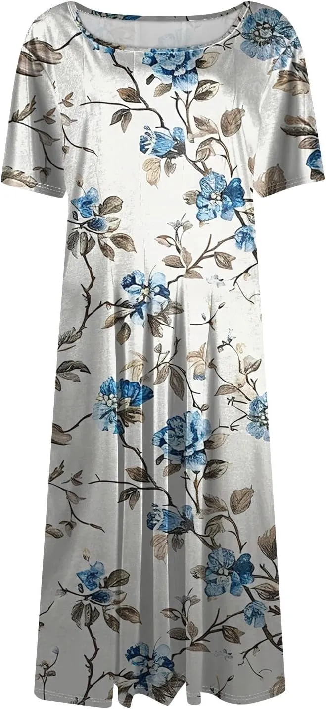 Summer Dresses for Women 2025 Empire Waist Crewneck Short Sleeve Midi Sun Dress Vacation A Line Dress Side Pockets