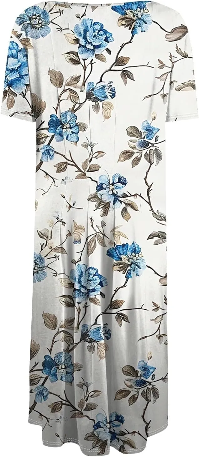 Summer Dresses for Women 2025 Empire Waist Crewneck Short Sleeve Midi Sun Dress Vacation A Line Dress Side Pockets
