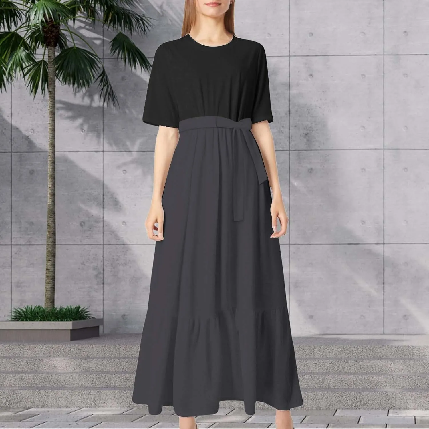 Summer Dresses for Women 2025 Floral Print Wrap Short Bell Sleeve Patchwork Three Layer Ruffle Hem A Line Maxi Dress