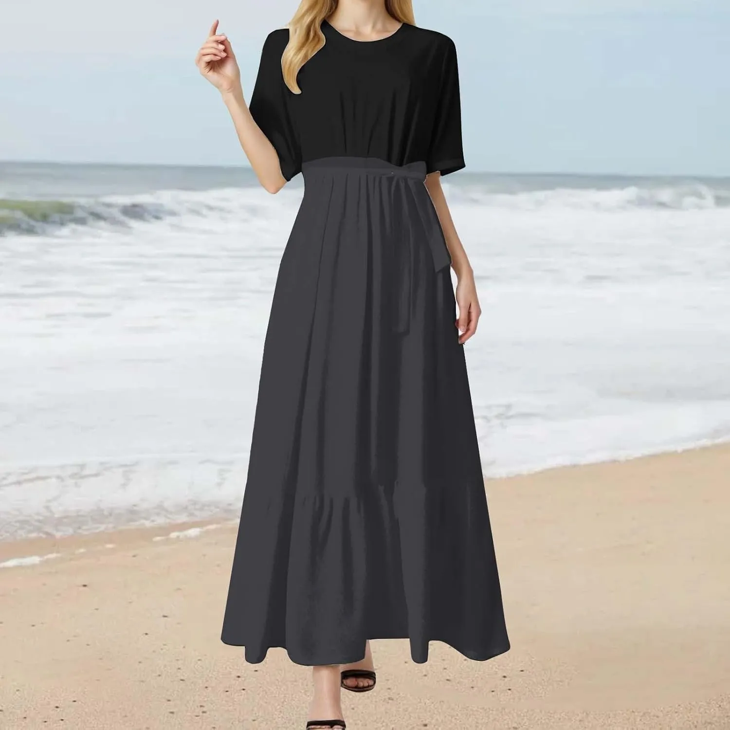 Summer Dresses for Women 2025 Floral Print Wrap Short Bell Sleeve Patchwork Three Layer Ruffle Hem A Line Maxi Dress