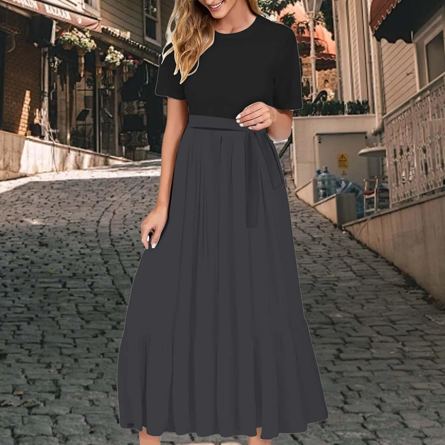 Summer Dresses for Women 2025 Floral Print Wrap Short Bell Sleeve Patchwork Three Layer Ruffle Hem A Line Maxi Dress