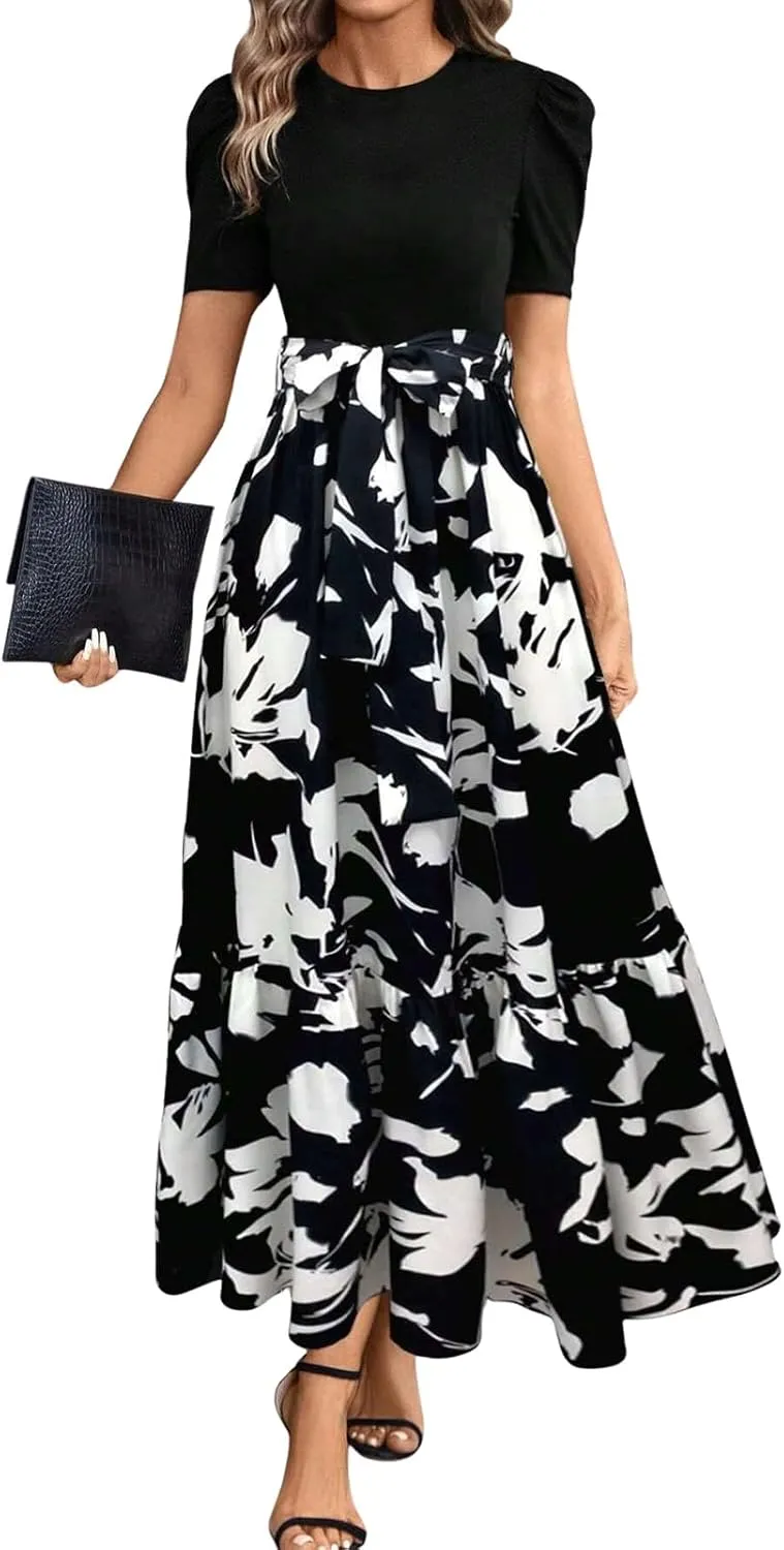 Summer Dresses for Women 2025 Floral Print Wrap Short Sleeve Maxi Dress Patchwork Ruffle Hem A Line Dress