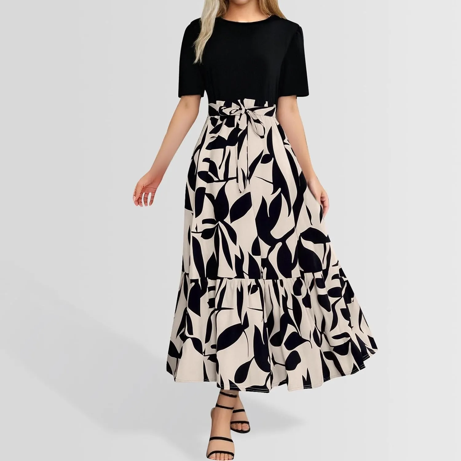 Summer Dresses for Women 2025 Floral Print Wrap Short Sleeve Maxi Sundress Patchwork Ruffle A Line Teacher Dress