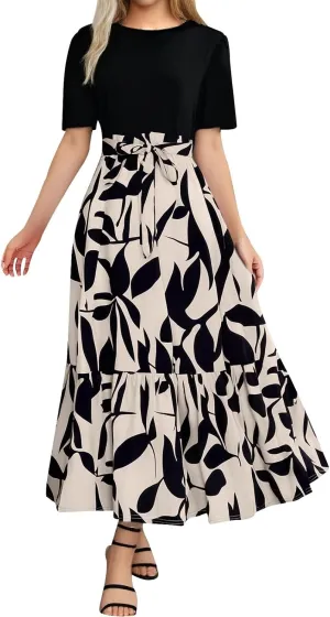 Summer Dresses for Women 2025 Floral Print Wrap Short Sleeve Maxi Sundress Patchwork Ruffle A Line Teacher Dress