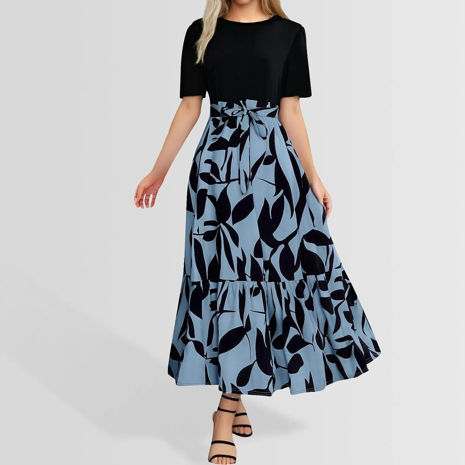 Summer Dresses for Women 2025 Floral Print Wrap Short Sleeve Maxi Sundress Patchwork Ruffle A Line Teacher Dress