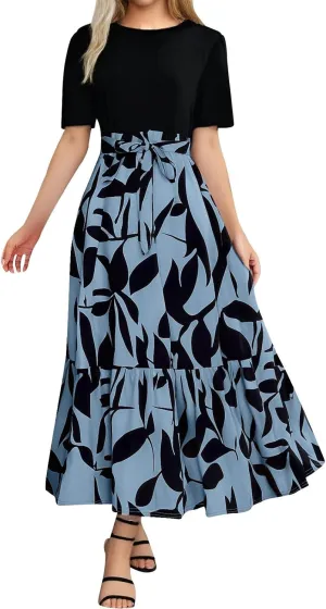 Summer Dresses for Women 2025 Floral Print Wrap Short Sleeve Maxi Sundress Patchwork Ruffle A Line Teacher Dress