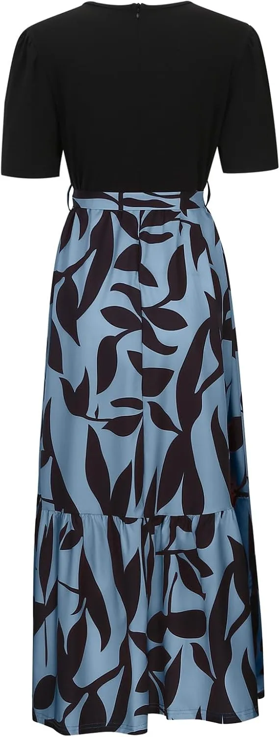 Summer Dresses for Women 2025 Floral Print Wrap Short Sleeve Maxi Sundress Patchwork Ruffle A Line Teacher Dress