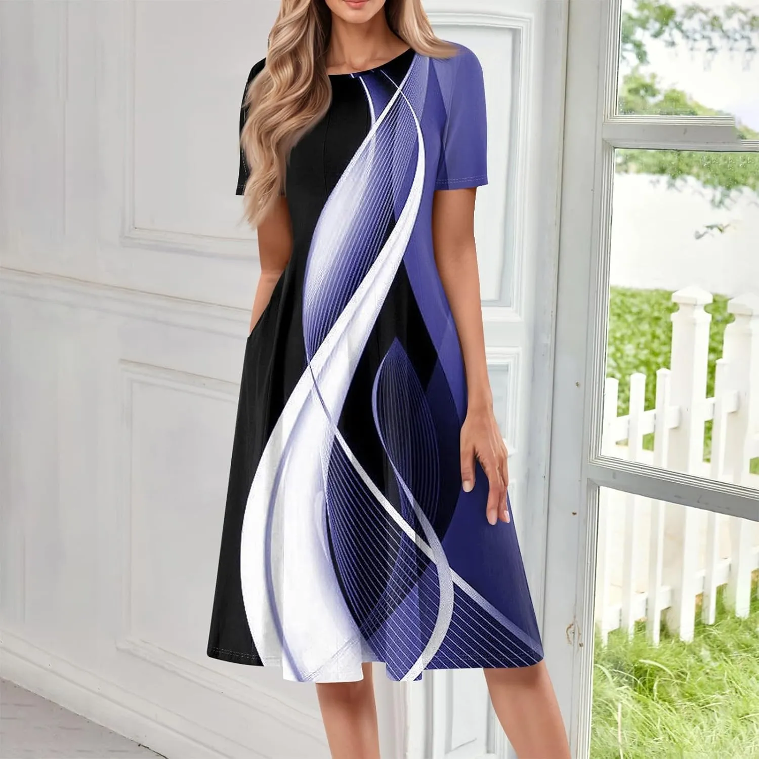 Summer Dresses for Women 2025 Short Sleeve Dresses Empire Waist Wrap Dress Business Boho Dress Midi with Pocket