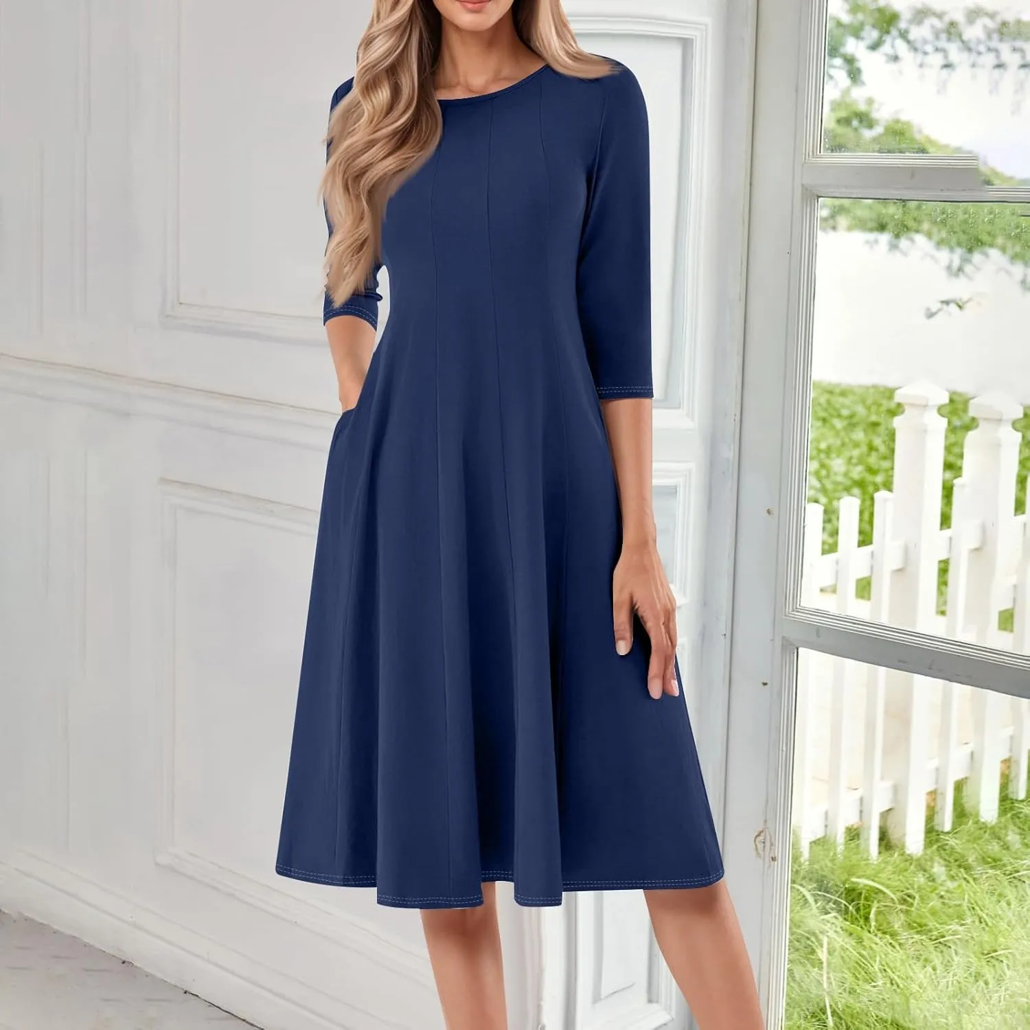 Summer Dresses for Women Crewneck 3/4 Sleeve Dress A Line Dress Spring Midi Casual Flowy with Pocket