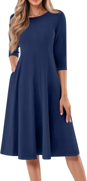 Summer Dresses for Women Crewneck 3/4 Sleeve Dress A Line Dress Spring Midi Casual Flowy with Pocket