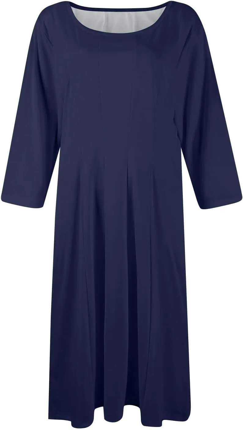 Summer Dresses for Women Crewneck 3/4 Sleeve Dress A Line Dress Spring Midi Casual Flowy with Pocket