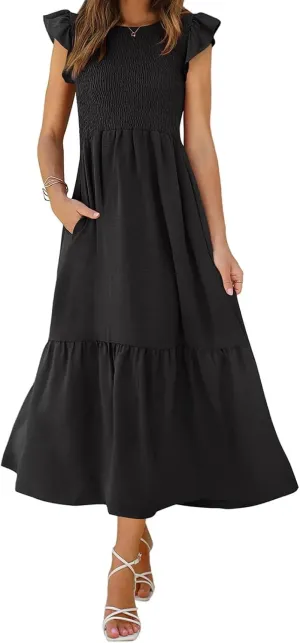 Summer Dresses for Women Ruffle Cap Sleeve Maxi Dress High Waist Tiered A Line Flowy Beach Long Sun Dresses with Pocket