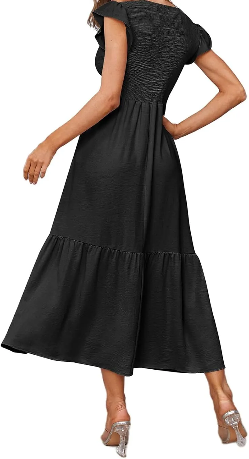 Summer Dresses for Women Ruffle Cap Sleeve Maxi Dress High Waist Tiered A Line Flowy Beach Long Sun Dresses with Pocket