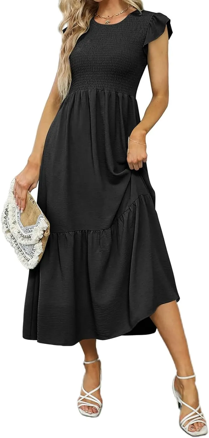 Summer Dresses for Women Ruffle Cap Sleeve Maxi Dress High Waist Tiered A Line Flowy Beach Long Sun Dresses with Pocket