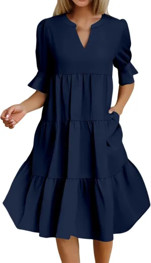 Summer Dresses for Women Ruffle Short Sleeve V Neck A Line Maxi Dress Tiered Flowy Loose Solid Vacation Beach Dress